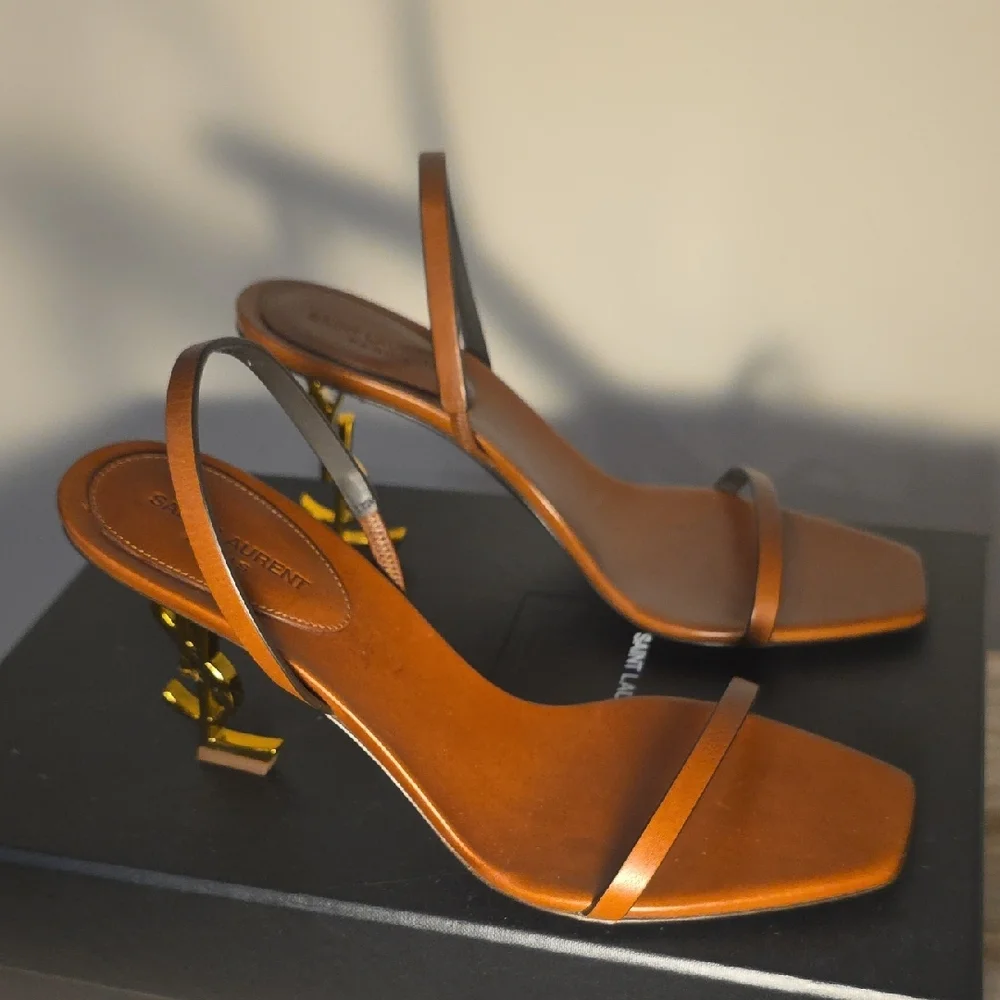 Saint Laurent Brown Leather YSL Logo Heel Sandal - Picture 5 of 8